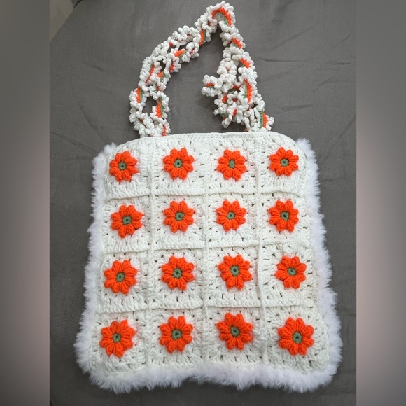 Handmade Crochet Floral Tote Bag - Cream and Orange - Picture 7 of 10